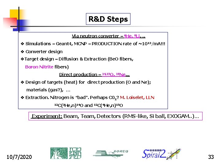 R&D Steps Via neutron converter – 6 He, 8 Li, . . v Simulations