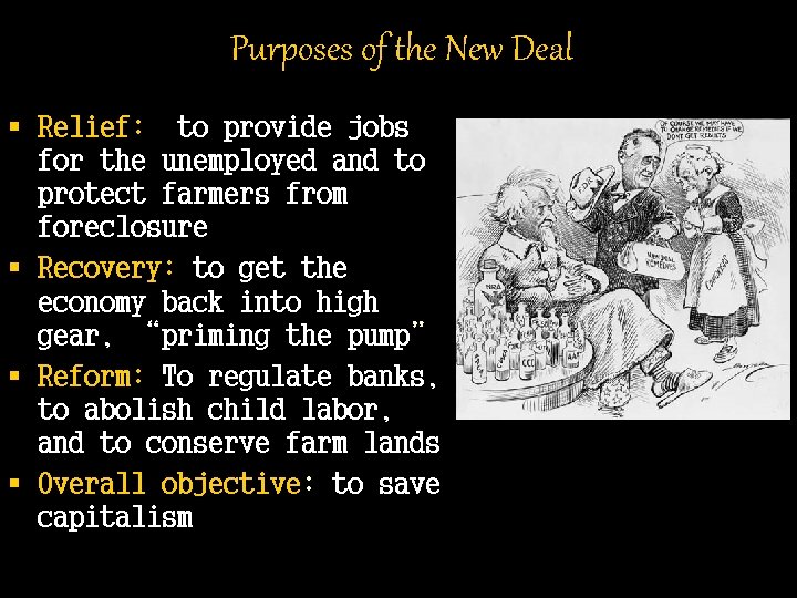 Purposes of the New Deal § Relief: to provide jobs for the unemployed and