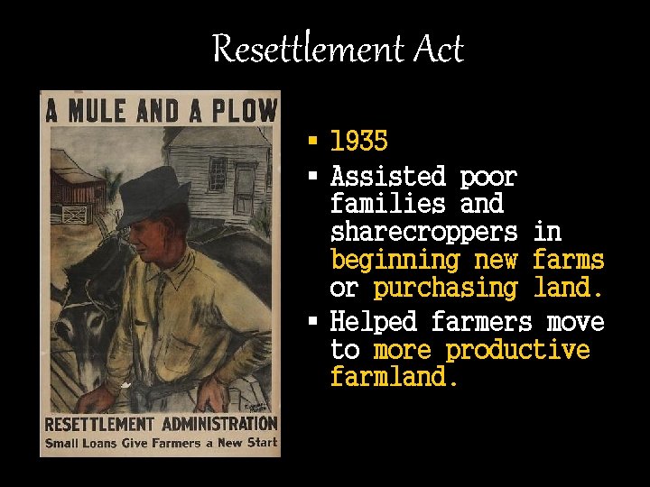 Resettlement Act § 1935 § Assisted poor families and sharecroppers in beginning new farms
