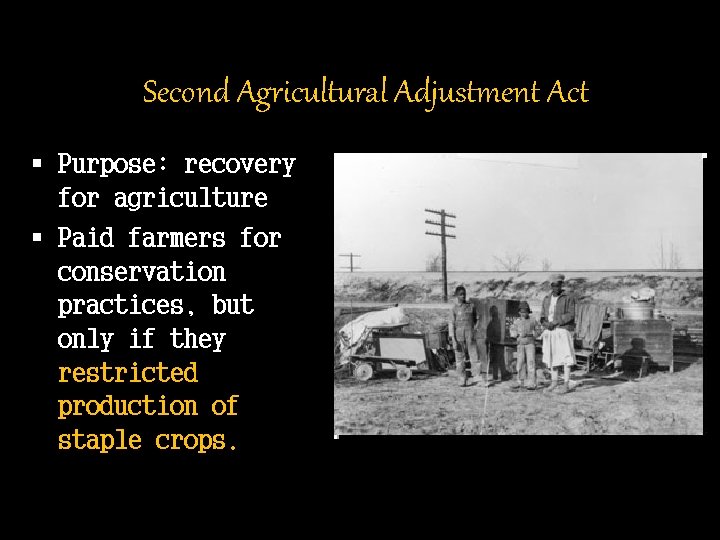 Second Agricultural Adjustment Act § Purpose: recovery for agriculture § Paid farmers for conservation