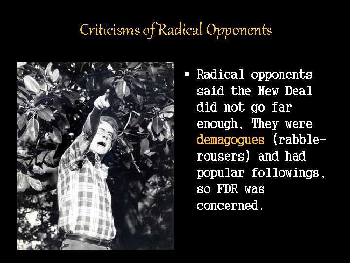 Criticisms of Radical Opponents § Radical opponents said the New Deal did not go