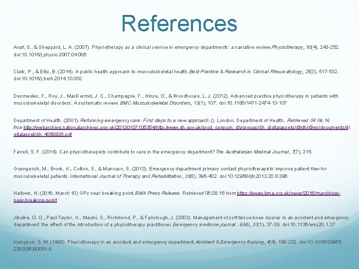 References Anaf, S. , & Sheppard, L. A. (2007). Physiotherapy as a clinical service