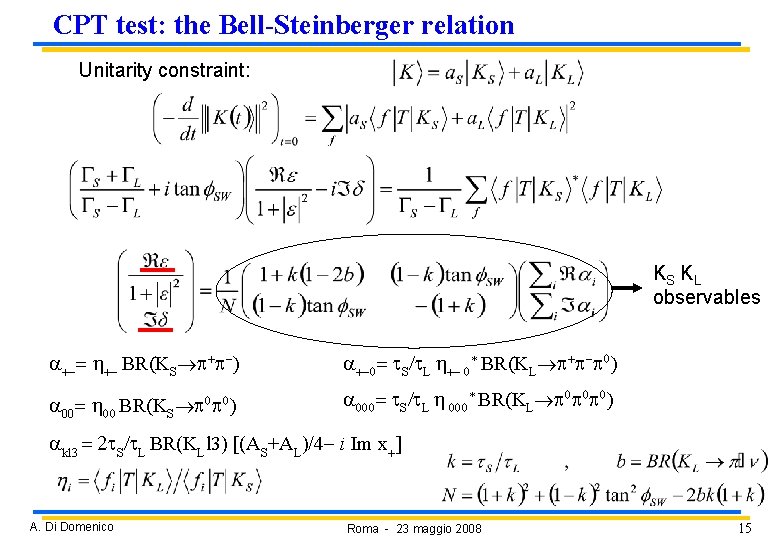 CPT test: the Bell-Steinberger relation Unitarity constraint: KS K L observables a+ = h+ CPT test: the Bell-Steinberger relation Unitarity constraint: KS K L observables a+ = h+