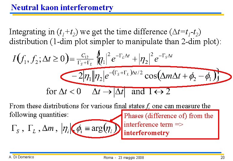 Neutral kaon interferometry Integrating in (t 1+t 2) we get the time difference (Dt=t Neutral kaon interferometry Integrating in (t 1+t 2) we get the time difference (Dt=t