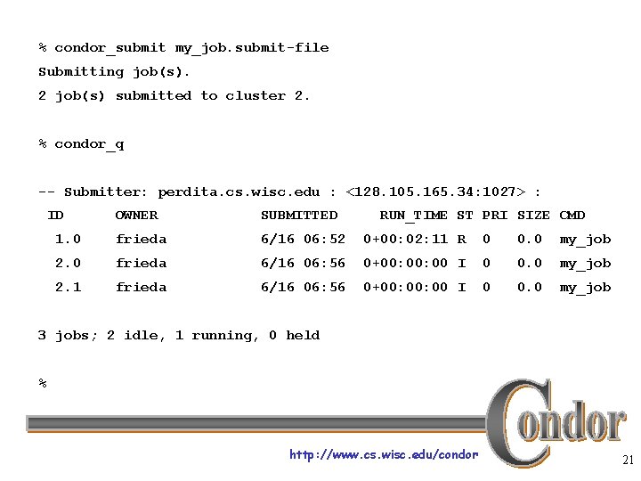 % condor_submit my_job. submit-file Submitting job(s). 2 job(s) submitted to cluster 2. % condor_q