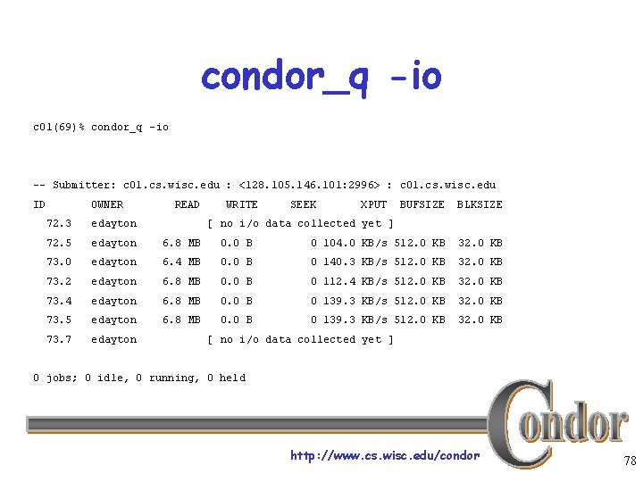 condor_q -io c 01(69)% condor_q -io -- Submitter: c 01. cs. wisc. edu :