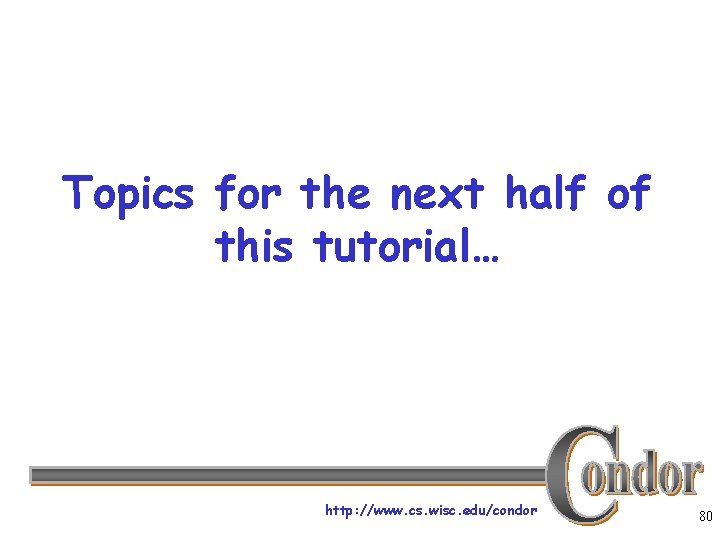 Topics for the next half of this tutorial… http: //www. cs. wisc. edu/condor 80
