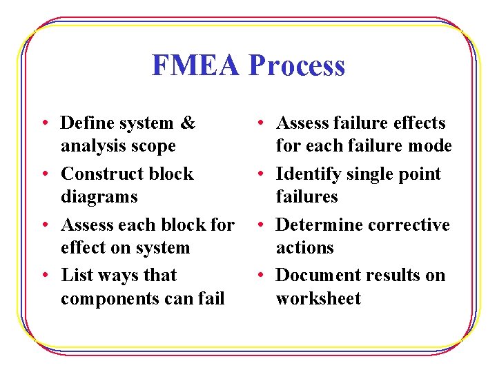 FMEA Process • Define system & analysis scope • Construct block diagrams • Assess