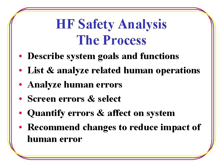 HF Safety Analysis The Process • • • Describe system goals and functions List