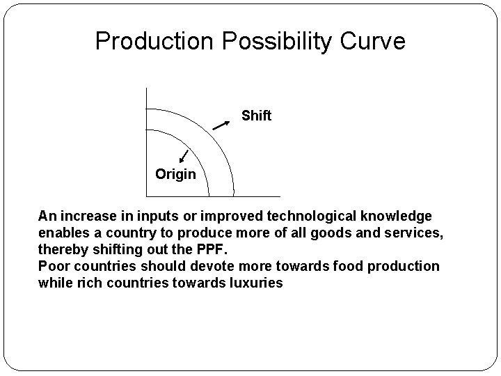 Production Possibility Curve Shift Origin An increase in inputs or improved technological knowledge enables