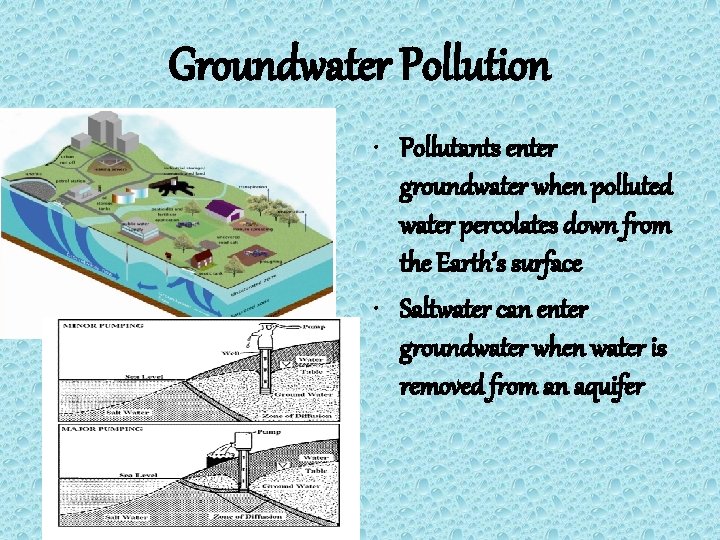 Groundwater Pollution • Pollutants enter groundwater when polluted water percolates down from the Earth’s