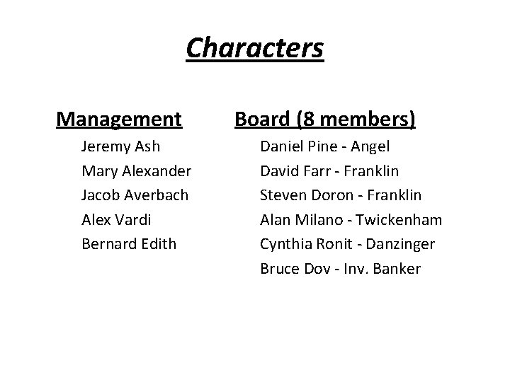 Characters Management Jeremy Ash Mary Alexander Jacob Averbach Alex Vardi Bernard Edith Board (8