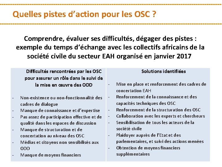 Quelles pistes d’action pour les OSC ? Comprendre, évaluer ses difficultés, dégager des pistes