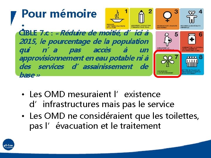 Pour mémoire : CIBLE 7. c : « Réduire de moitié, d’ici à 2015,