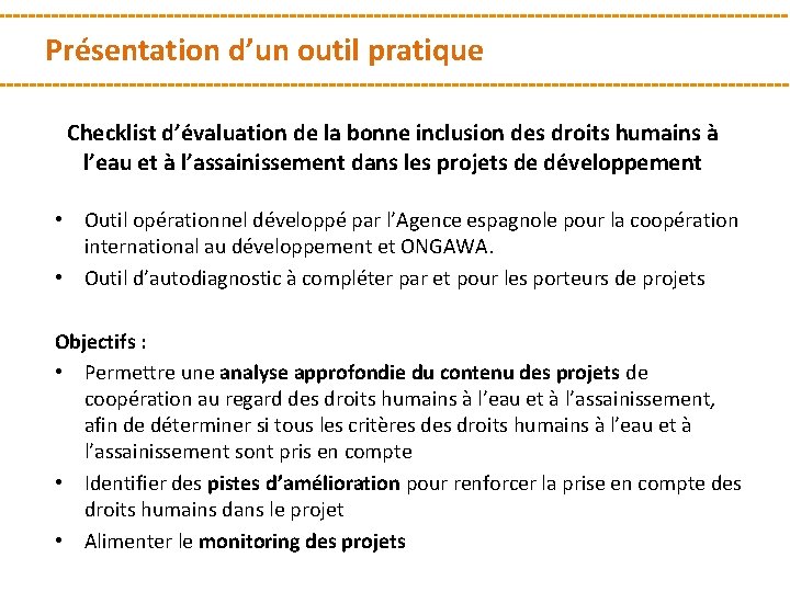 Présentation d’un outil pratique Checklist d’évaluation de la bonne inclusion des droits humains à