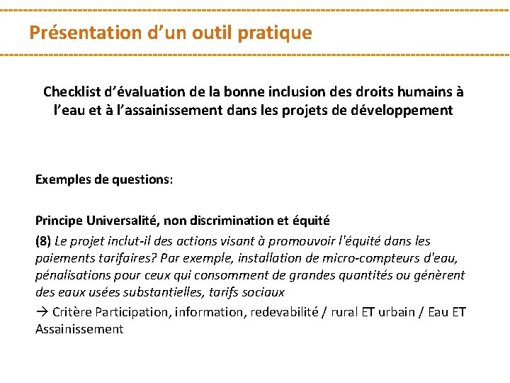 Présentation d’un outil pratique Checklist d’évaluation de la bonne inclusion des droits humains à