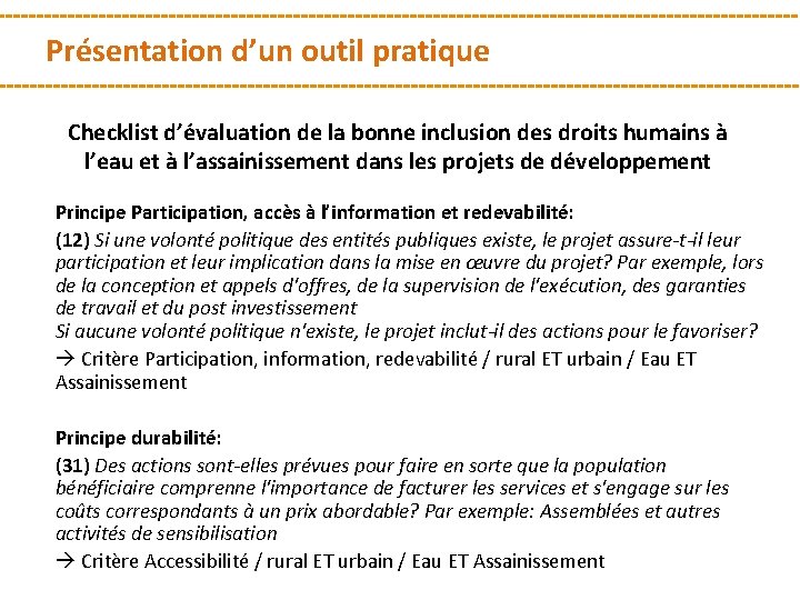 Présentation d’un outil pratique Checklist d’évaluation de la bonne inclusion des droits humains à