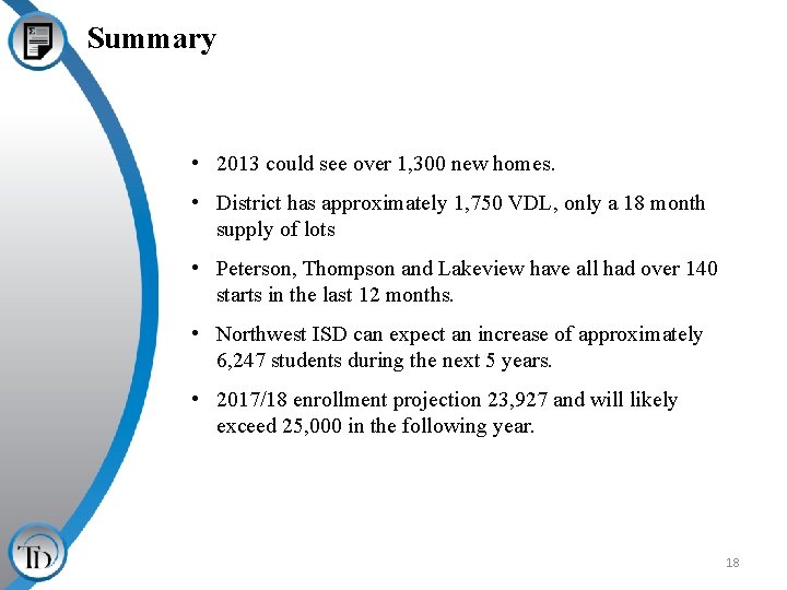 Summary • 2013 could see over 1, 300 new homes. • District has approximately
