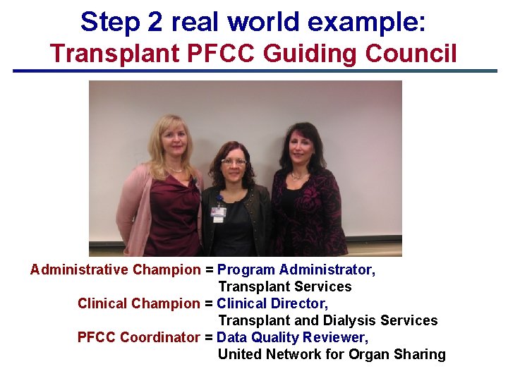 Step 2 real world example: Transplant PFCC Guiding Council Administrative Champion = Program Administrator,