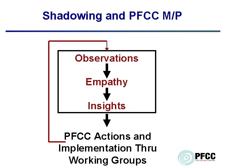 Shadowing and PFCC M/P Observations Empathy Insights PFCC Actions and Implementation Thru Working Groups