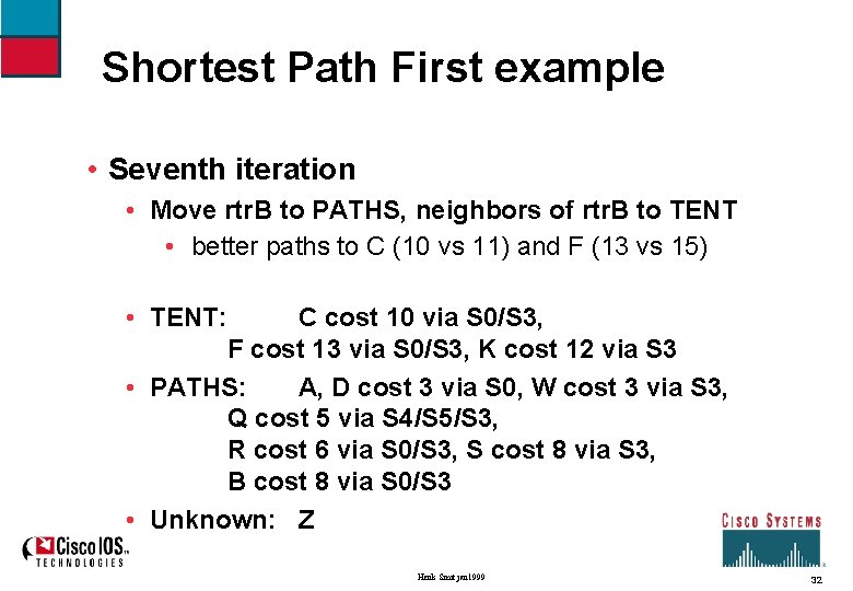 Shortest Path First example • Seventh iteration • Move rtr. B to PATHS, neighbors