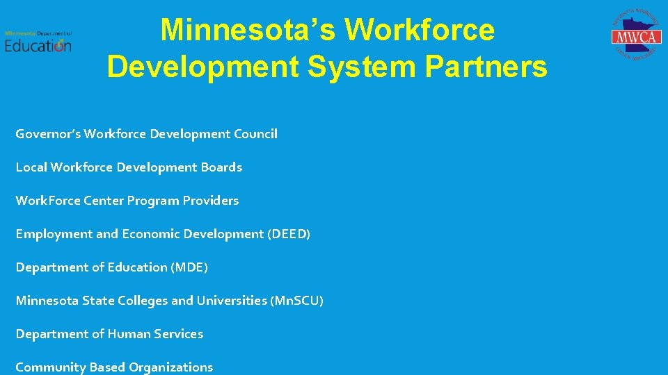 Minnesota’s Workforce Development System Partners Governor’s Workforce Development Council Local Workforce Development Boards Work.