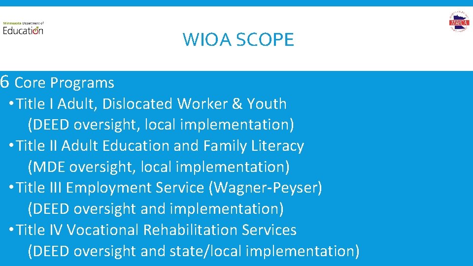 WIOA SCOPE 6 Core Programs • Title I Adult, Dislocated Worker & Youth (DEED