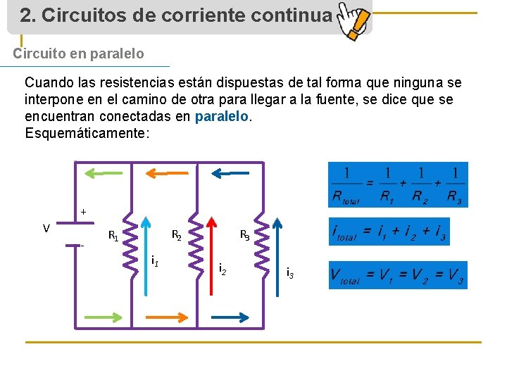 2. Circuitos de corriente continua Circuito en paralelo Cuando las resistencias están dispuestas de