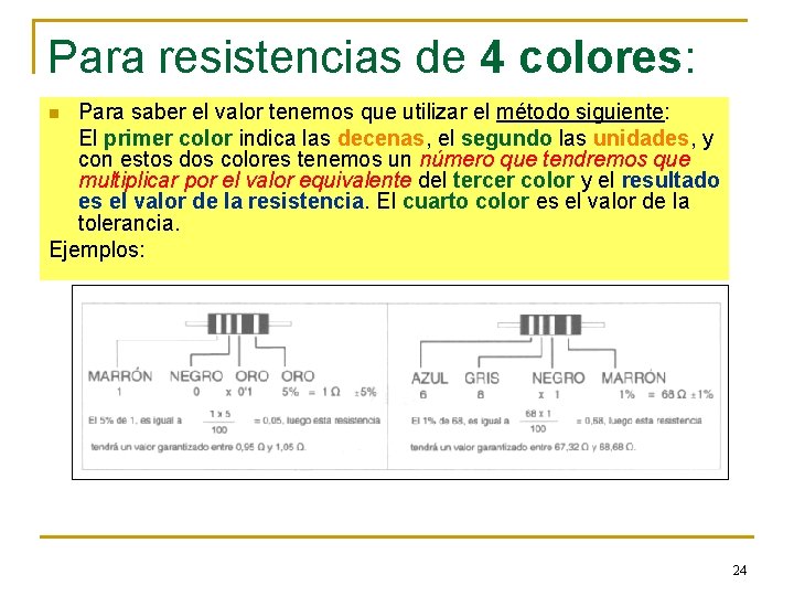 Para resistencias de 4 colores: Para saber el valor tenemos que utilizar el método