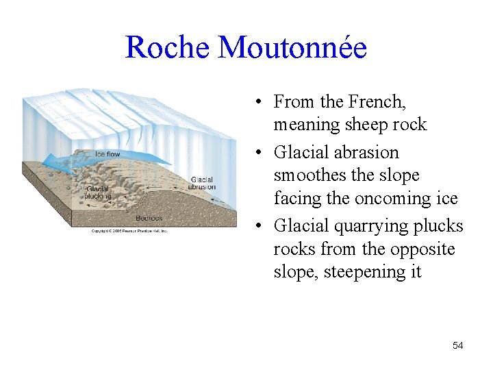 Roche Moutonnée • From the French, meaning sheep rock • Glacial abrasion smoothes the