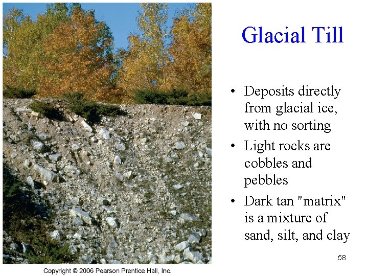 Glacial Till • Deposits directly from glacial ice, with no sorting • Light rocks