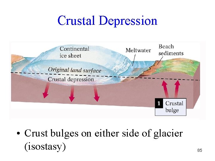 Crustal Depression • Crust bulges on either side of glacier (isostasy) 85 