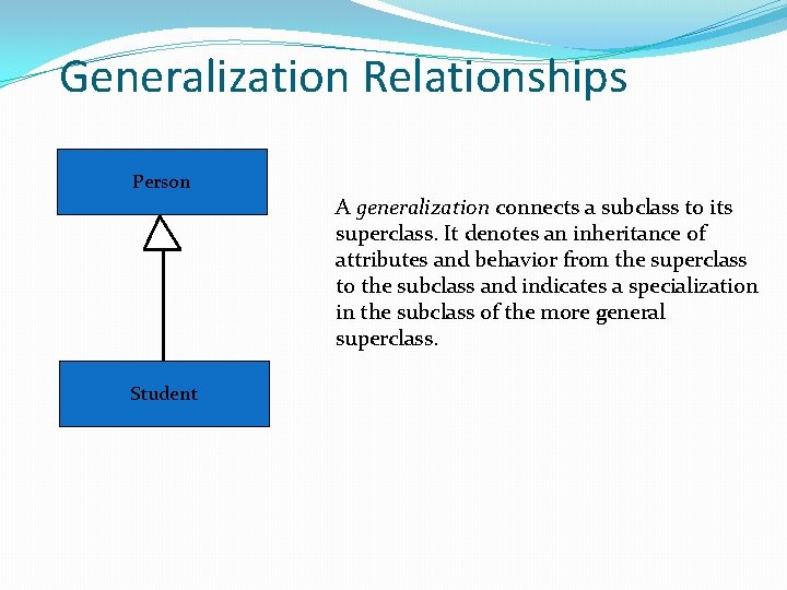Generalization Relationships Person A generalization connects a subclass to its superclass. It denotes an