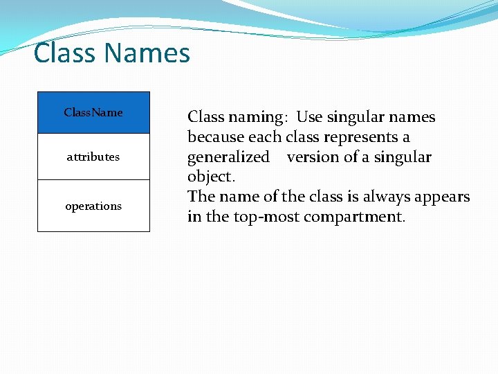 Class Names Class. Name attributes operations Class naming: Use singular names because each class