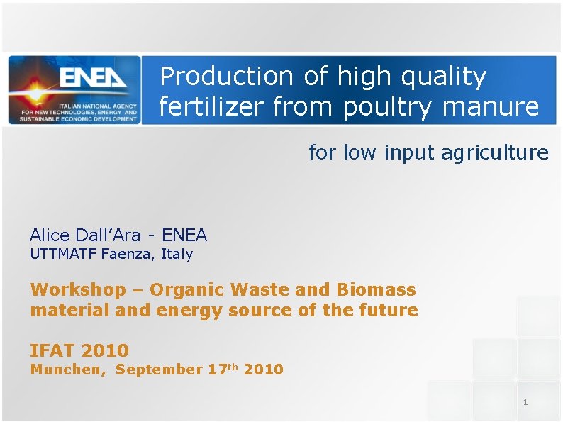 Production of high quality fertilizer from poultry manure for low input agriculture Alice Dall’Ara