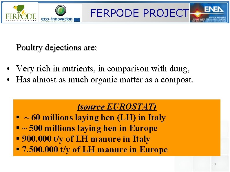 FERPODE PROJECT Poultry dejections are: • Very rich in nutrients, in comparison with dung,