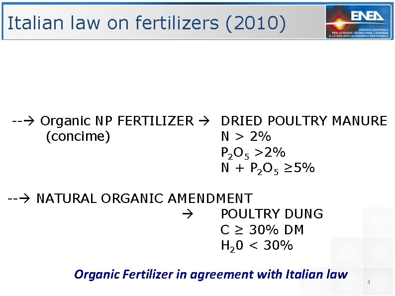 Italian law on fertilizers (2010) -- Organic NP FERTILIZER DRIED POULTRY MANURE (concime) N