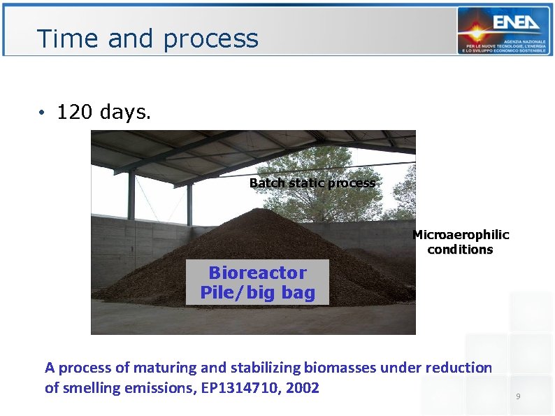 Time and process • 120 days. Batch static process Microaerophilic conditions Bioreactor Pile/big bag