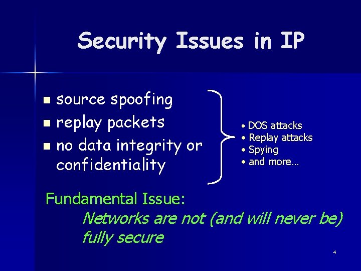 Security Issues in IP source spoofing n replay packets n no data integrity or