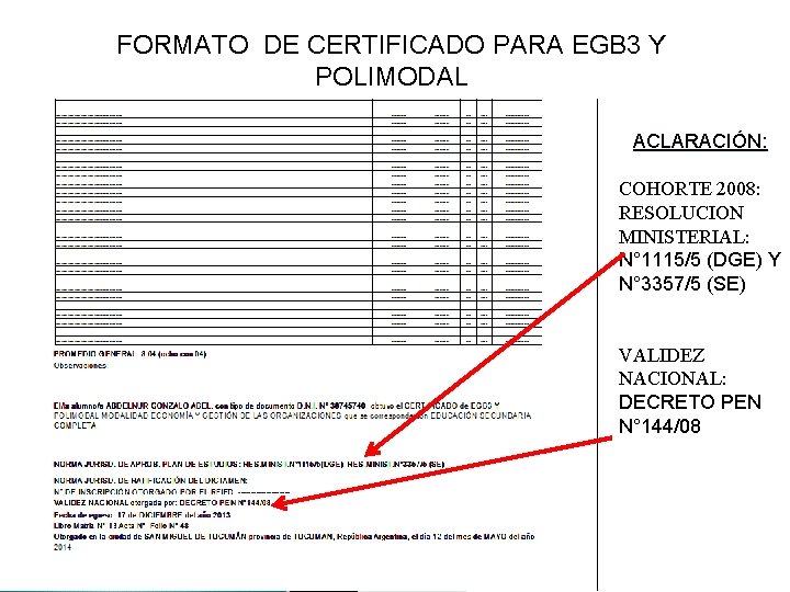 FORMATO DE CERTIFICADO PARA EGB 3 Y POLIMODAL ACLARACIÓN: COHORTE 2008: RESOLUCION MINISTERIAL: N°