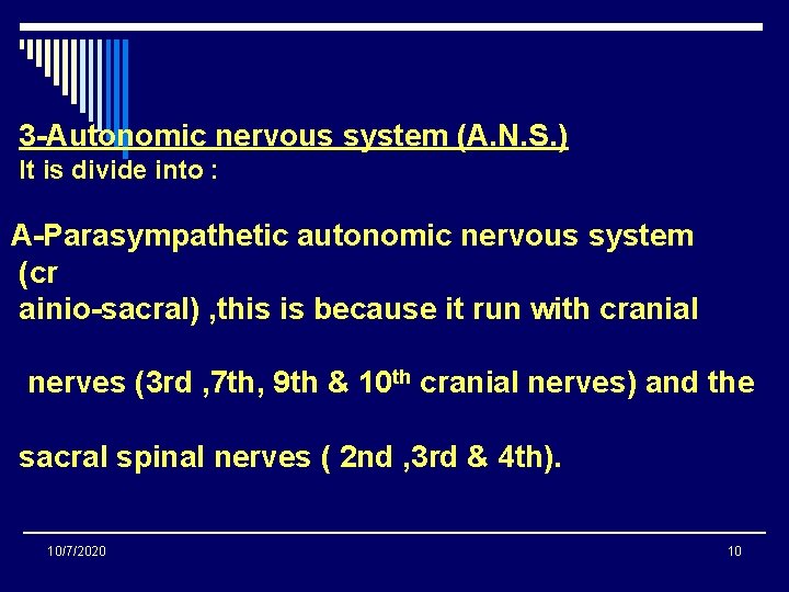 3 -Autonomic nervous system (A. N. S. ) It is divide into : A-Parasympathetic 3 -Autonomic nervous system (A. N. S. ) It is divide into : A-Parasympathetic