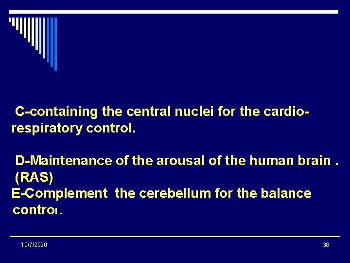 C-containing the central nuclei for the cardiorespiratory control. D-Maintenance of the arousal of the