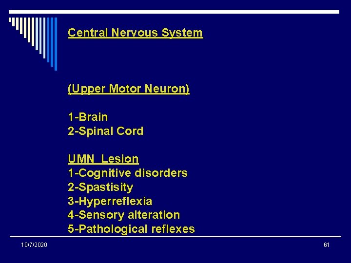 Central Nervous System (Upper Motor Neuron) 1 -Brain 2 -Spinal Cord UMN Lesion 1