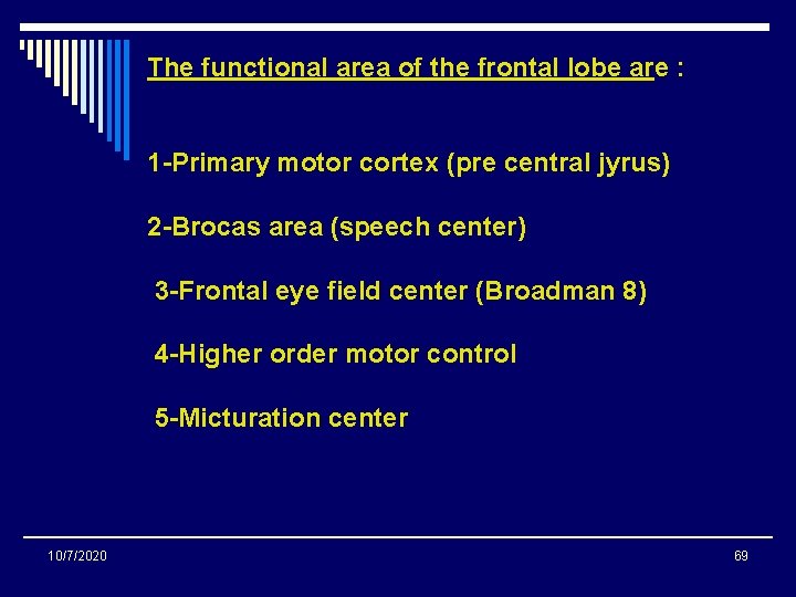 The functional area of the frontal lobe are : 1 -Primary motor cortex (pre