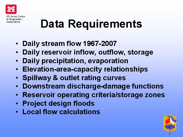 US Army Corps of Engineers Omaha District • • • Data Requirements Daily stream