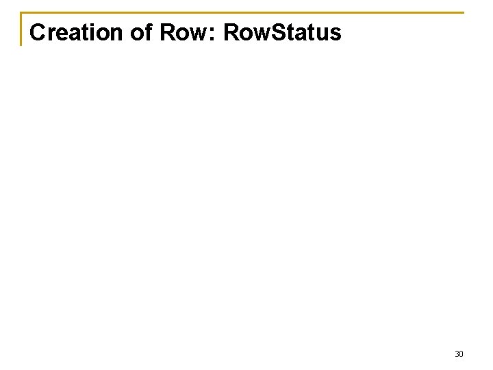 Creation of Row: Row. Status 30 