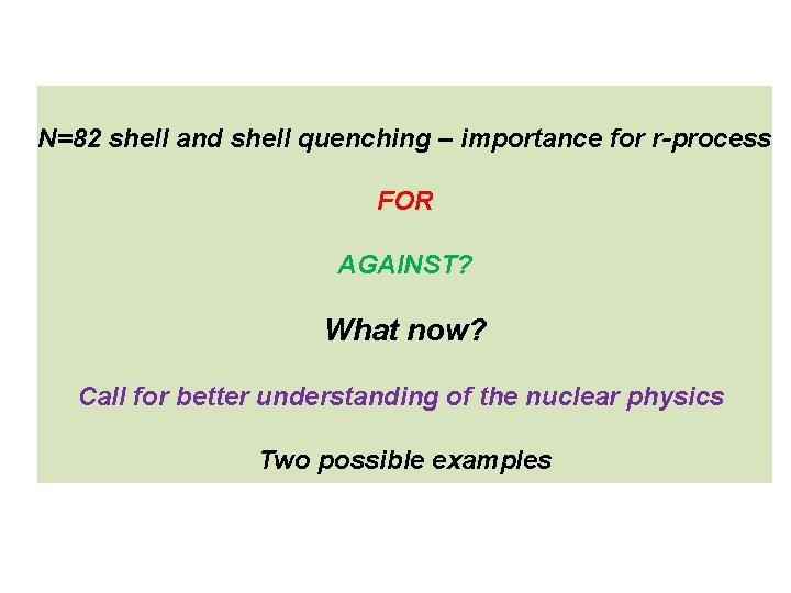 N=82 shell and shell quenching – importance for r-process FOR AGAINST? What now? Call