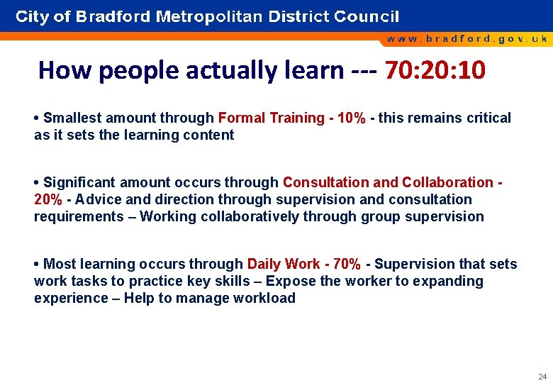 How people actually learn ‐‐‐ 70: 20: 10 • Smallest amount through Formal Training How people actually learn ‐‐‐ 70: 20: 10 • Smallest amount through Formal Training