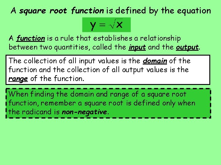 A square root function is defined by the equation A function is a rule