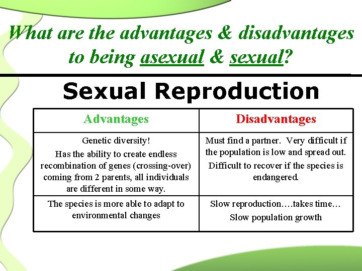 What are the advantages & disadvantages to being asexual & sexual? Sexual Reproduction Advantages